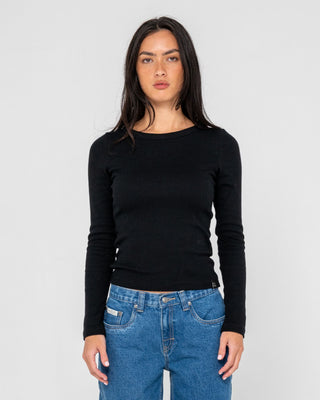 Woman wearing Rusty Essentials L/S Sleeve Fitted Tee in Black