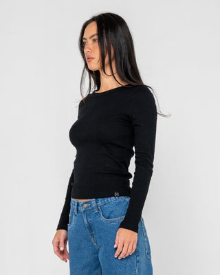 Woman wearing Rusty Essentials L/S Sleeve Fitted Tee in Black