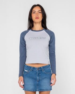 Woman wearing Timmy Target L/S Fitted Tee in Retro Blue