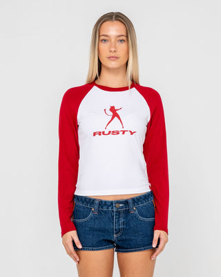 Woman wearing Devil Raglan L/S Sleeve Fitted Tee in White