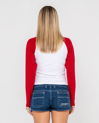 Woman wearing Devil Raglan L/S Sleeve Fitted Tee in White