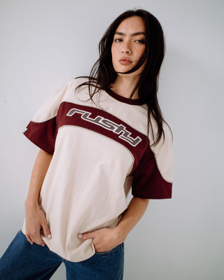 Woman wearing Kinetic Oversize Tee in Cream / Burgundy