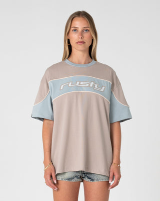 Woman wearing Kinetic Oversize Tee in Ultimate Grey
