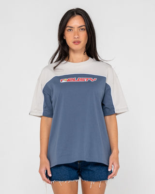 Woman wearing Archived Ops Oversize Short Sleeve Tee in China Blue