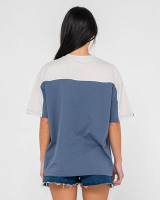 Woman wearing Archived Ops Oversize Short Sleeve Tee in China Blue