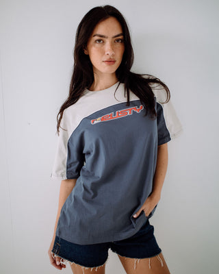 Woman wearing Archived Ops Oversize Short Sleeve Tee in China Blue
