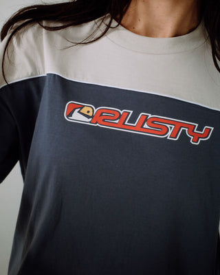 Woman wearing Archived Ops Oversize Short Sleeve Tee in China Blue