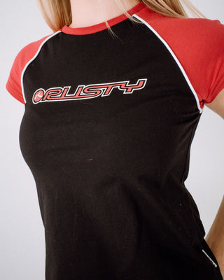 Woman wearing Archived Raglan Baby Tee in Black