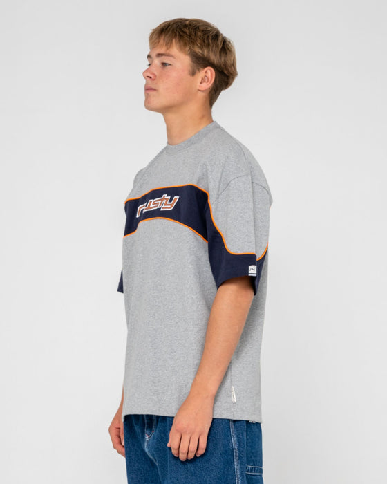 man-wearing-kinetic-short-sleeve-heavy-tee-in-grey-marle