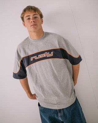 Man wearing Kinetic Short Sleeve Heavy Tee in Grey Marle