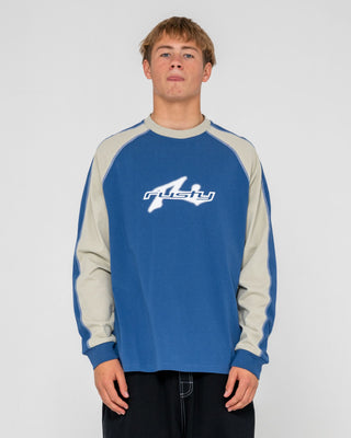 Man wearing Fade-r Long Sleeve Tee in Atlantic Blue