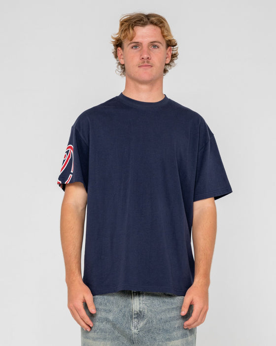 man-wearing-glaze-r-short-sleeve-tee-in-navy-blue