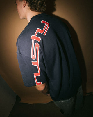 Man wearing Glaze-r Short Sleeve Tee in Navy Blue