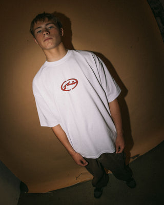 Man wearing Turbo Short Sleeve Tee in White