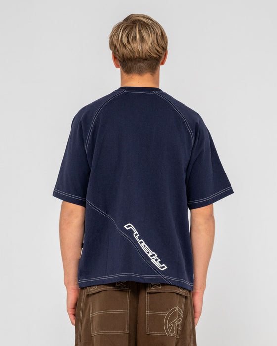 man-wearing-pablo-short-sleeve-heavy-tee-in-navy-blue