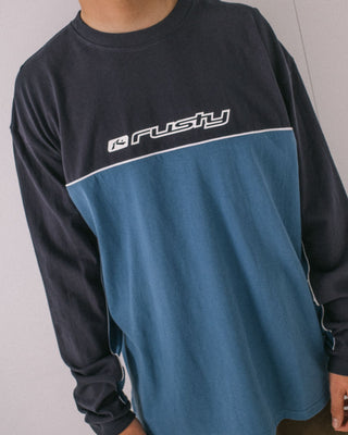Man wearing Infinity Long Sleeve Tee in Atlantic Blue