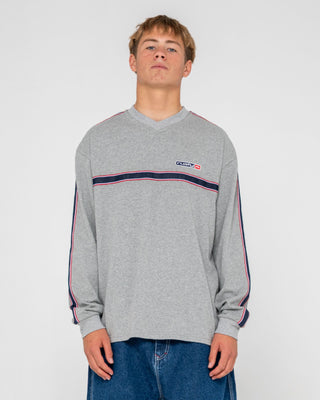 Man wearing V-money Long Sleeve Tee in Grey Marle