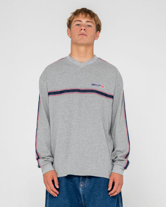 man-wearing-v-money-long-sleeve-tee-in-grey-marle