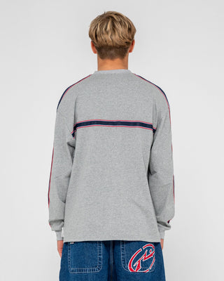 Man wearing V-money Long Sleeve Tee in Grey Marle