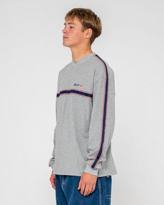 Man wearing V-money Long Sleeve Tee in Grey Marle
