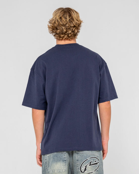 man-wearing-dr-dot-short-sleeve-tee-in-dark-blue