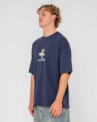 Man wearing Dr. Dot Short Sleeve Tee in Dark Blue
