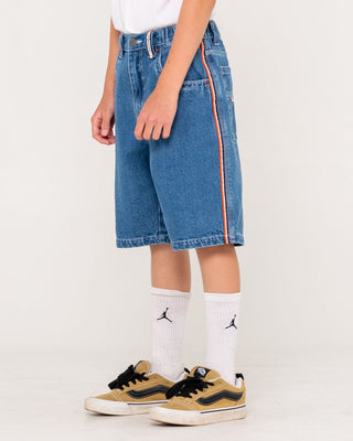 Boy wearing Flip Daddy 2.0 Jort- Middy Blue Boys in Middy Blue