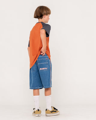Boy wearing Flip Daddy 2.0 Jort- Middy Blue Boys in Middy Blue