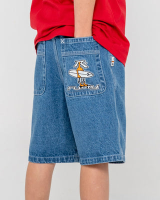 Boy wearing Dr. Dot Baggy Jort Boys in Middy Blue