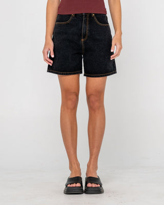 Woman wearing Cyprus High Denim Short in Black Out