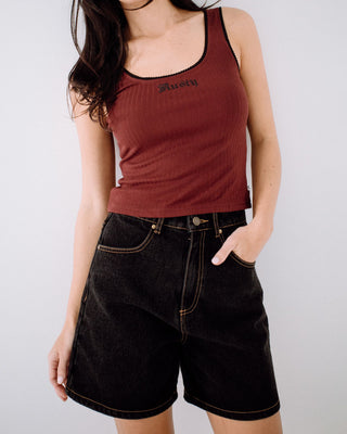 Woman wearing Cyprus High Denim Short in Black Out