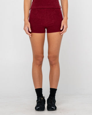 Woman wearing Lamar Towelling Booty Short in Burgundy