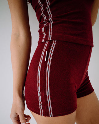 Woman wearing Lamar Towelling Booty Short in Burgundy