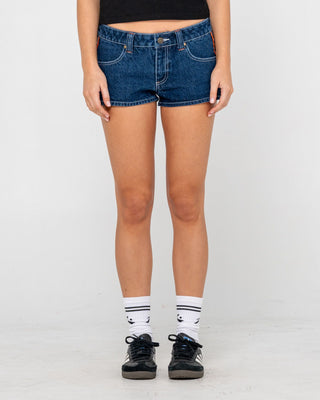 Woman wearing Flip Mommy Low Rise Micro Mini Short in Deep Sea Blue / Orange