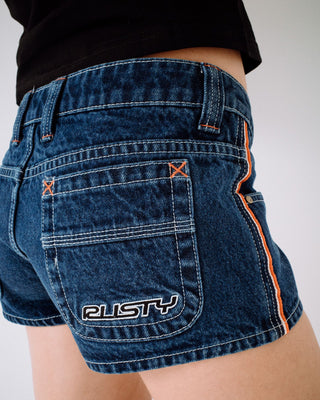 Woman wearing Flip Mommy Low Rise Micro Mini Short in Deep Sea Blue / Orange