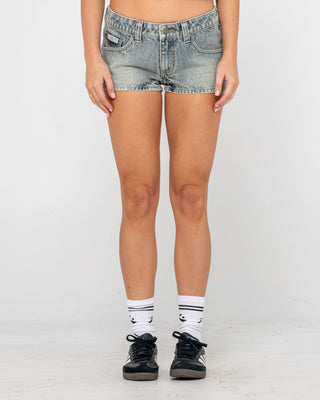 Woman wearing Dirty Lemmy Low Rise Micro Mini Short in Dirty Dawg