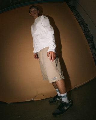 Man wearing Step-stone Baggy Short in Abbey Stone