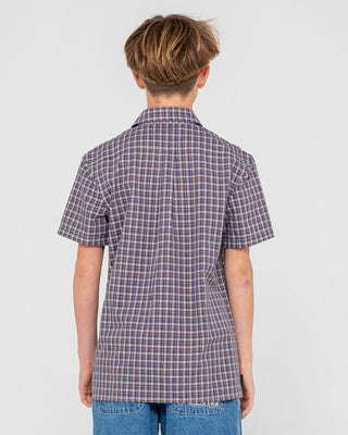 Boy wearing Datsun Check Short Sleeve Shirt Boys in Dark Blue