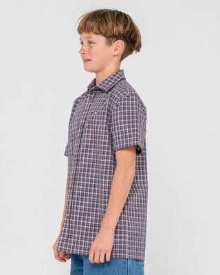 Boy wearing Datsun Check Short Sleeve Shirt Boys in Dark Blue