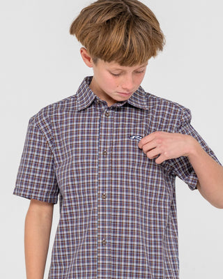 Boy wearing Datsun Check Short Sleeve Shirt Boys in Dark Blue