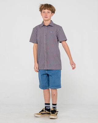 Boy wearing Datsun Check Short Sleeve Shirt Boys in Dark Blue