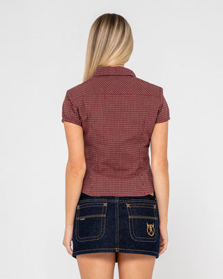 Woman wearing Missy May Check Shirt in Burgundy