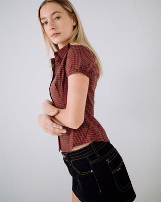 Woman wearing Missy May Check Shirt in Burgundy