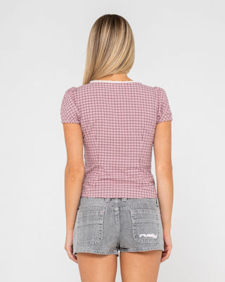 Woman wearing Peggy Sue Button Down Blouse in Pink A Boo