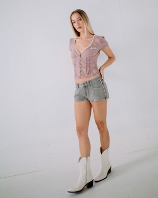 Woman wearing Peggy Sue Button Down Blouse in Pink A Boo