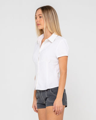 Woman wearing Missy May Plain Shirt in White