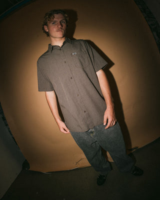 Man wearing Datsun Check Short Sleeve Shirt in Java