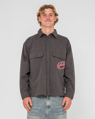 Man wearing Button Thru Over Shirt in Coal