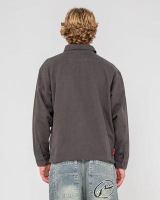 Man wearing Button Thru Over Shirt in Coal