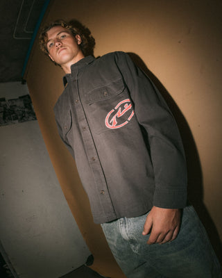 Man wearing Button Thru Over Shirt in Coal